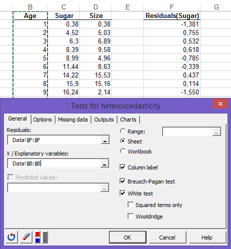 Heteroscedasticity tests dialog box