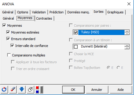 XLSTAT ANOVA boite de dialogue, onglet Sorties / Moyennes