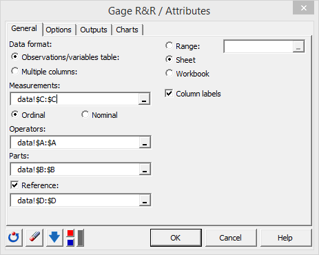 XLSTAT statistical software for Excel Gage R&amp;R for attributes dialog box 1