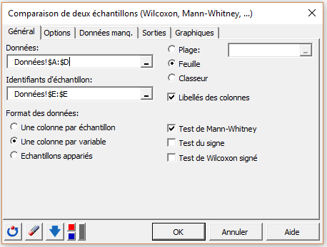 XLSTAT boîte de dialogue pour effectuer un test de Mann-Whitney (onglet général)