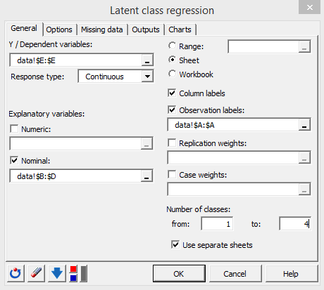 lg regression dialog box filled