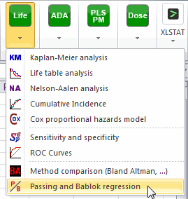 Menu passing-bablok regression