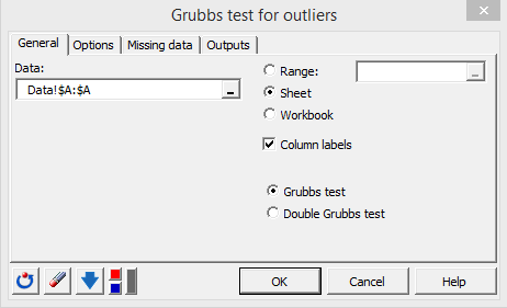 Grubbs test general tab XLSTAT