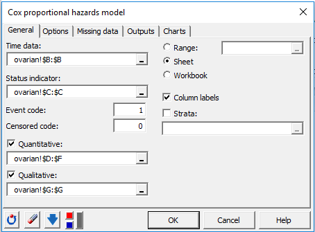 XLSTAT Cox proportional Hazards in Excel, general tab
