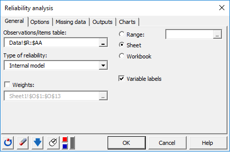 XLSTAT reliability analysis, general tab