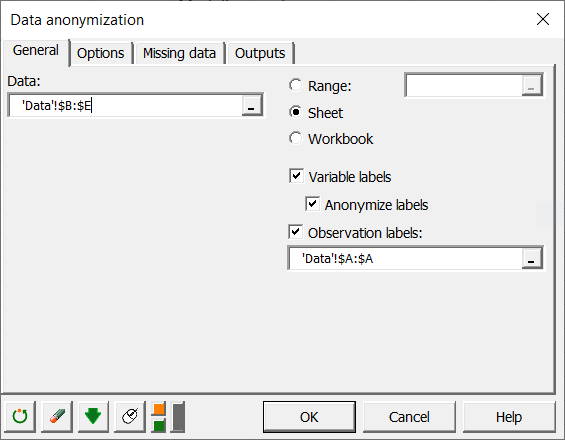 Data anonymization dialog box