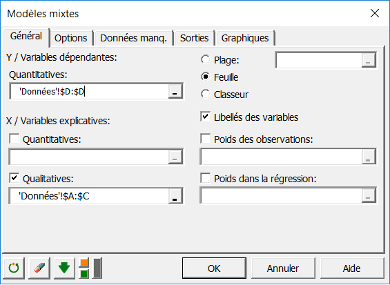 Boîte de dialogue XLSTAT - Modèles mixtes