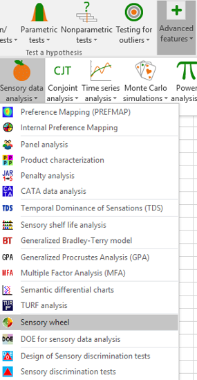 Sensory Data Analysis menu, sensory wheel feature