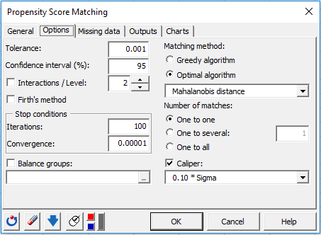 XLSTAT Propensity Score Matching dialog box, options tab