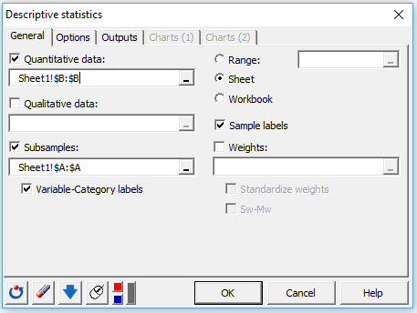 Descriptive Statistics Dialog Box General Tab