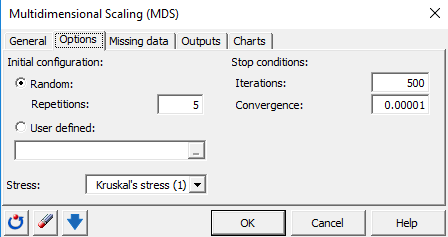 Multidimensional Scaling MDS in Excel Dialog Box Options tab