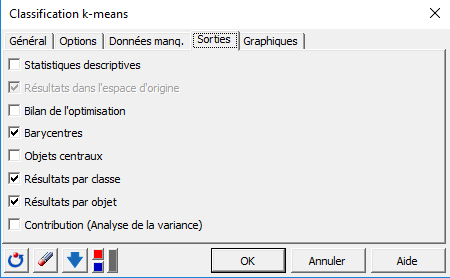 XLSTAT Classification k-means, boîte de dialogue, onglet Sorties