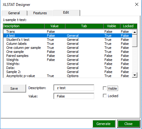 XLSTAT designer, editing the 1-sample t-test feature