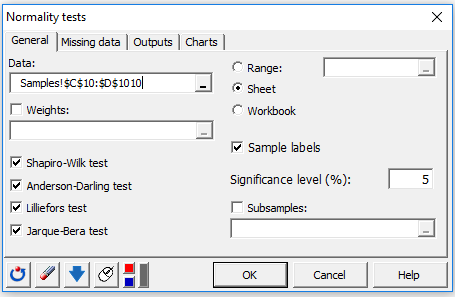 XLSTAT dialog box for normality tests (general tab)