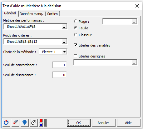 Boîte de dialogue du test d'aide multicritère à la décision dans XLSTAT