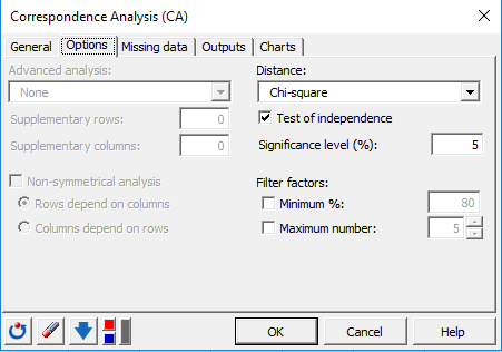 XLSTAT Correspondence Analysis in Excel, dialog box Options Tab