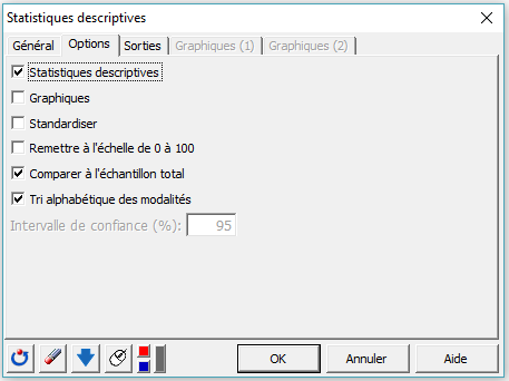Boîte de dialogue Statistiques Descriptives, onglet Options