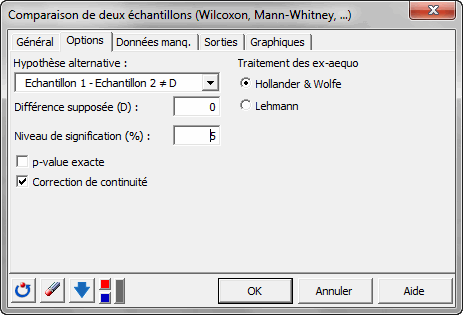 boite dialogue test wilcoxon options