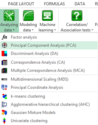 XLSTAT Analyzing Data menu / PCA
