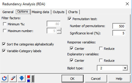 XLSTAT Redundancy Analysis in Excel, Dialog Box 2