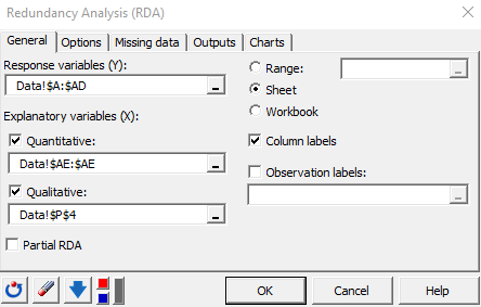 XLSTAT Redundancy Analysis in Excel, Dialog Box 1