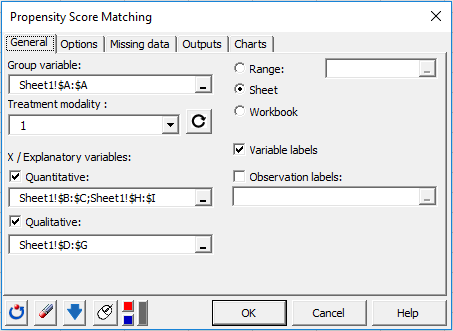 XLSTAT Propensity Score Matching in Excel, Dialog Box General Tab