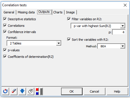 Set up a Pearson correlation test with XLSTAT, outputs tab