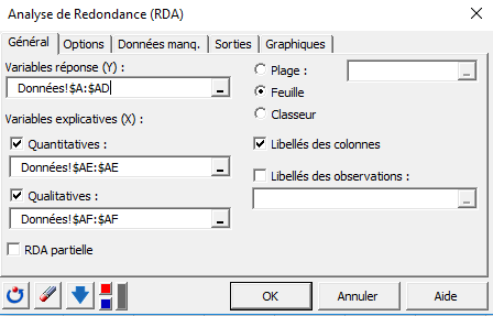 XLSTAT boîte de dialogue Analyse de Redondance (RDA) 1