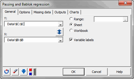 Dialog box passing-bablok regression