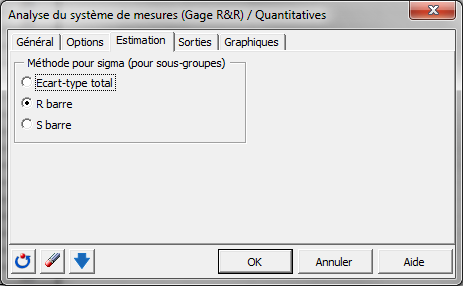 SPC analyse du systeme de mesures quantitatives : Boîte de dialogue - Estimation SPC analyse du systeme de mesures quantitatives : Boîte de dialogue - Estimation