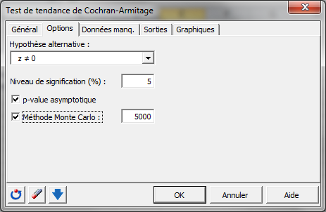 Test de tendance Cochran Armitage : Boîte de dialogue / Options