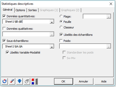 Statistiques Descriptives Boîte de dialogue onglet Général