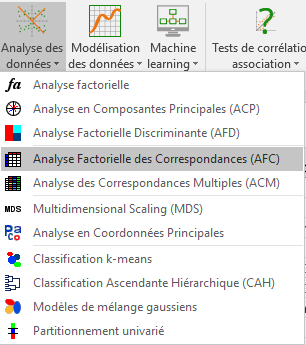 XLSTAT Menu Analyse des Données, AFC