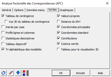 XLSTAT AFC pour Excel, boîte de dialogue, onglet Sorties