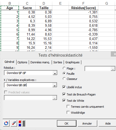 Heteroscedasticity tests dialog box fr