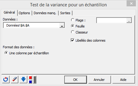 XLSTAT one sample variance test, general tab