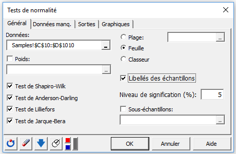 XLSTAT boîte de dialogue des tests de normalité (onglet général)