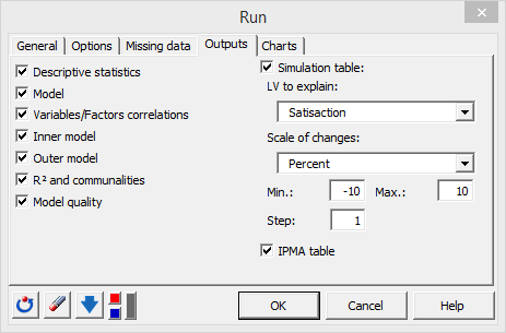 plspm marketing run dialog box, outputs tab