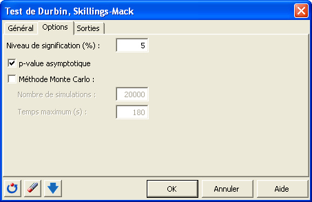 boite de dialogue durbin test options