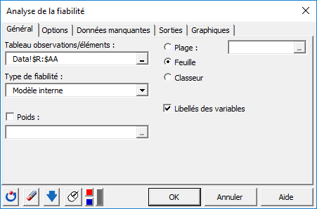 XLSTAT Analyse de fiabilité, onglet Général