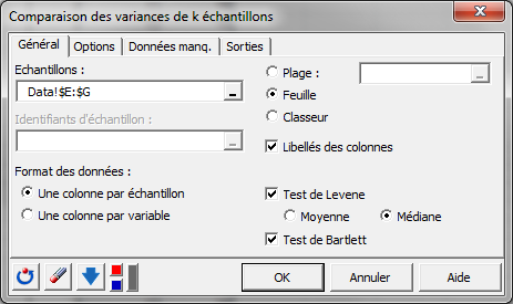 Test de comparaison des variances de k échantillons - Bartlett et Levene: Boite de dialogue Test de comparaison des variances de k échantillons - Bartlett et Levene: Boite de dialogue
