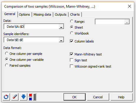 XLSTAT dialog box for setting up a Mann-Whitney test (general tab) XLSTAT dialog box for setting up a Mann-Whitney test (general tab)