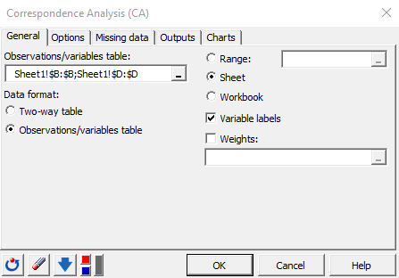 XLSTAT Correspondence Analysis in Excel, dialog box General Tab