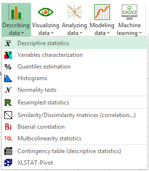 XLSTAT Describing Data menu