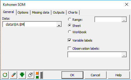 XLSTAT-R Kohonen SOM dialog box, General tab