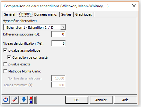 XLSTAT boîte de dialogue pour effectuer un test de Mann-Whitney (onglet optios)