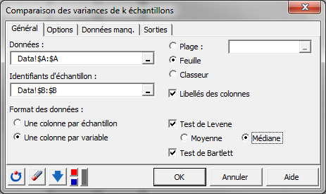 Test de comparaison des variances de k échantillons - Bartlett et Levene: Boite de dialogue Test de comparaison des variances de k échantillons - Bartlett et Levene: Boite de dialogue