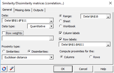 XLSTAT sim / dissimilarity matrix in excel