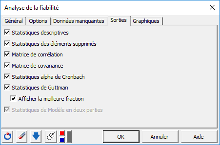 XLSTAT Analyse de fiabilité, onglet Sorties