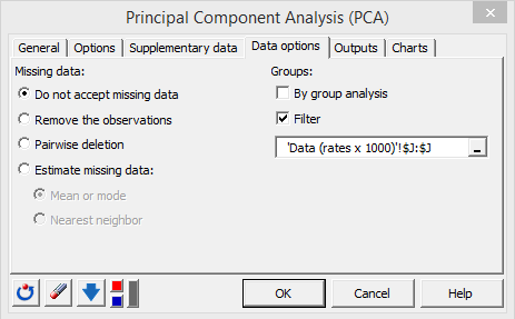 XLSTAT Principal Component Analysis dialog box data options tab